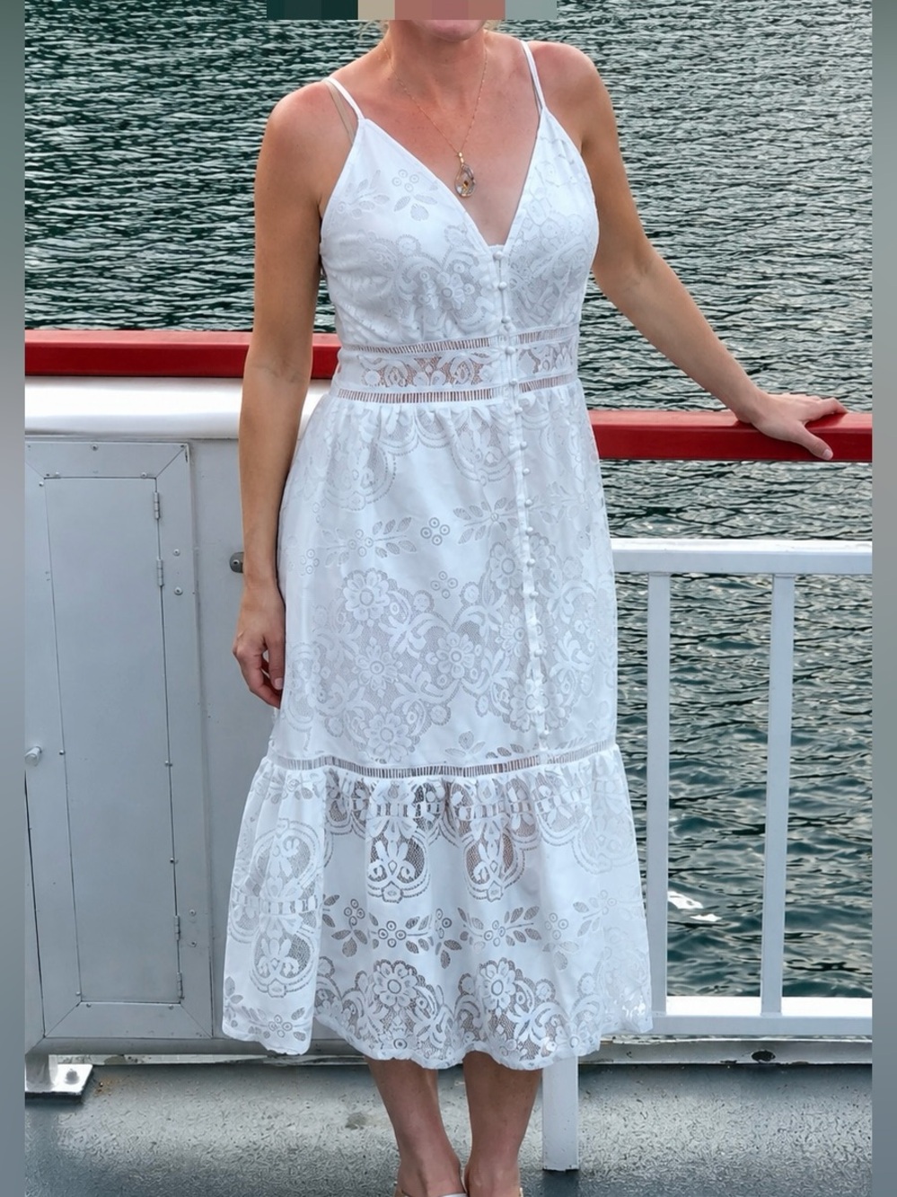 White Lace V-Neck Button-Front Dress Midi